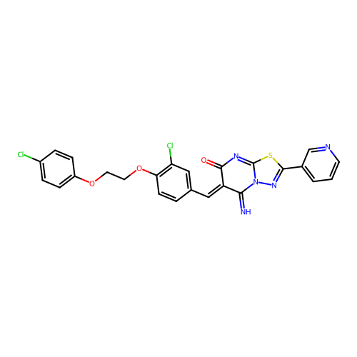 (6Z)-6-[[3-chloro-4-[2-(4-chlorophenoxy)ethoxy]phenyl]methylidene]-5-imino-2-pyridin-3-yl-[1,3,4]thiadiazolo[3,2-a]pyrimidin-7-one structure
