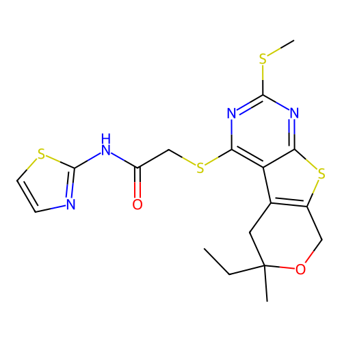 2-((6-ethyl-6-methyl-2-(methylthio)-6,8-dihydro-5H-pyrano[4',3':4,5]thieno[2,3-d]pyrimidin-4-yl)thio)-N-(thiazol-2-yl)acetamide structure