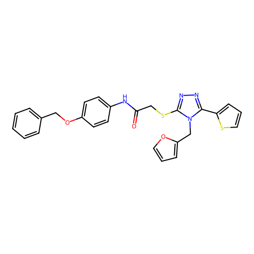 N-[4-(benzyloxy)phenyl]-2-{[4-(furan-2-ylmethyl)-5-(thiophen-2-yl)-4H-1,2,4-triazol-3-yl]sulfanyl}acetamide structure