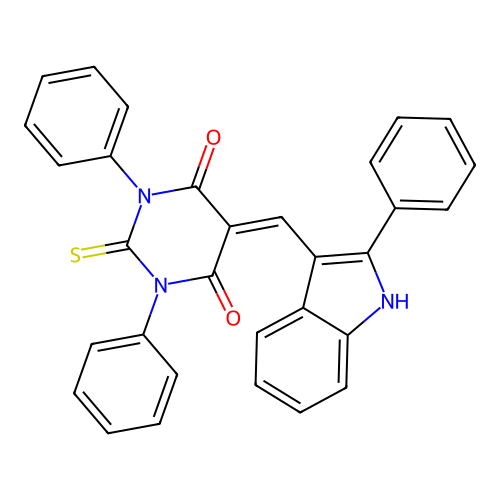 1,3-diphenyl-5-[(2-phenyl-1H-indol-3-yl)methylidene]-2-sulfanylidene-1,3-diazinane-4,6-dione structure