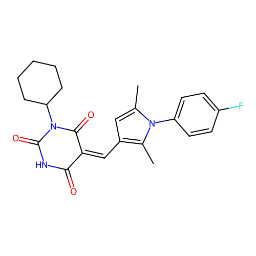 (5Z)-1-cyclohexyl-5-[[1-(4-fluorophenyl)-2,5-dimethylpyrrol-3-yl]methylidene]-1,3-diazinane-2,4,6-trione structure