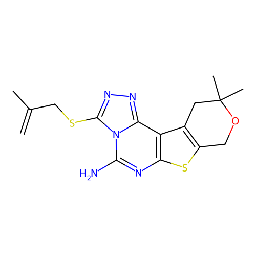 10,10-dimethyl-3-((2-methylallyl)thio)-10,11-dihydro-8H-pyrano[4',3':4,5]thieno[3,2-e][1,2,4]triazolo[4,3-c]pyrimidin-5-amine structure