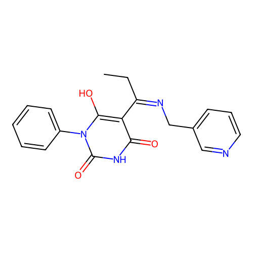 1-phenyl-5-[1-(pyridin-3-ylmethylamino)propylidene]-1,3-diazinane-2,4,6-trione structure