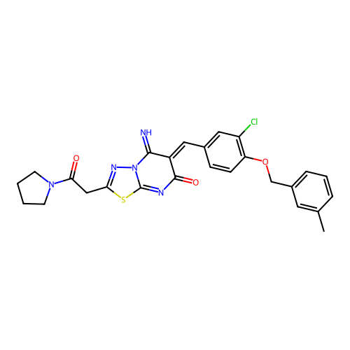 (6Z)-6-[[3-chloro-4-[(3-methylphenyl)methoxy]phenyl]methylidene]-5-imino-2-(2-oxo-2-pyrrolidin-1-ylethyl)-[1,3,4]thiadiazolo[3,2-a]pyrimidin-7-one structure