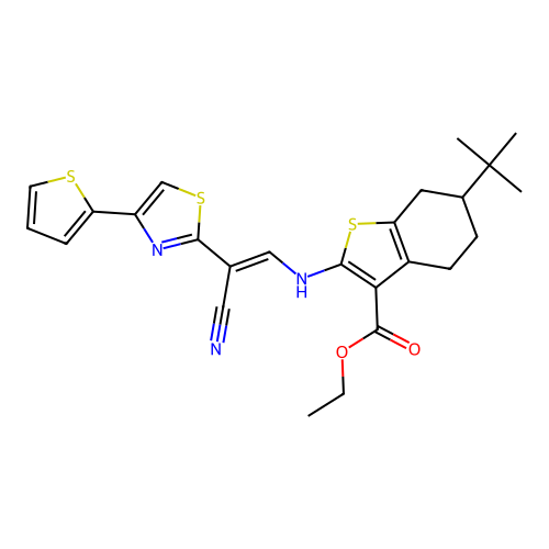 (E)-ethyl 6-(tert-butyl)-2-((2-cyano-2-(4-(thiophen-2-yl)thiazol-2-yl)vinyl)amino)-4,5,6,7-tetrahydrobenzo[b]thiophene-3-carboxylate structure