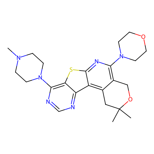 2,2-dimethyl-8-(4-methylpiperazin-1-yl)-5-(morpholin-4-yl)-1,4-dihydro-2H-pyrano[4'',3'':4',5']pyrido[3',2':4,5]thieno[3,2-d]pyrimidine structure