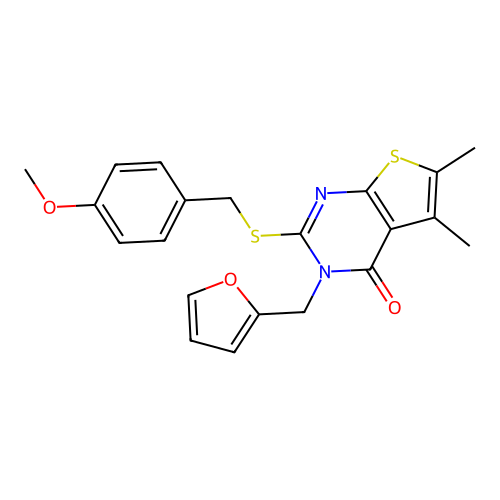 3-(furan-2-ylmethyl)-2-((4-methoxybenzyl)thio)-5,6-dimethylthieno[2,3-d]pyrimidin-4(3H)-one structure