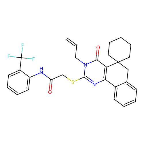 2-((3-allyl-4-oxo-4,6-dihydro-3H-spiro[benzo[h]quinazoline-5,1'-cyclohexan]-2-yl)thio)-N-(2-(trifluoromethyl)phenyl)acetamide structure