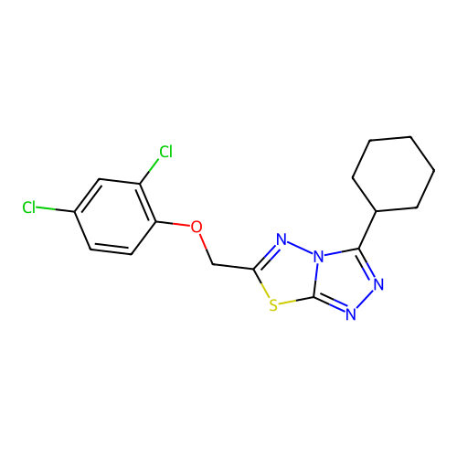 3-cyclohexyl-6-((2,4-dichlorophenoxy)methyl)-[1,2,4]triazolo[3,4-b][1,3,4]thiadiazole structure