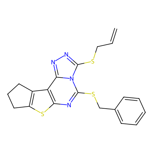 3-(allylthio)-5-(benzylthio)-9,10-dihydro-8H-cyclopenta[4,5]thieno[3,2-e][1,2,4]triazolo[4,3-c]pyrimidine structure