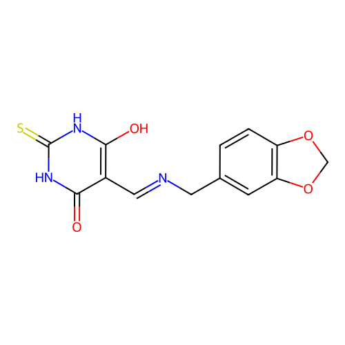 5-[(1,3-benzodioxol-5-ylmethylamino)methylidene]-2-sulfanylidene-1,3-diazinane-4,6-dione structure