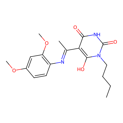 (Z)-1-butyl-5-(1-((2,4-dimethoxyphenyl)amino)ethylidene)pyrimidine-2,4,6(1H,3H,5H)-trione structure