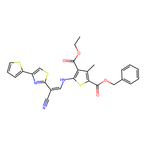 (Z)-2-benzyl 4-ethyl 5-((2-cyano-2-(4-(thiophen-2-yl)thiazol-2-yl)vinyl)amino)-3-methylthiophene-2,4-dicarboxylate structure