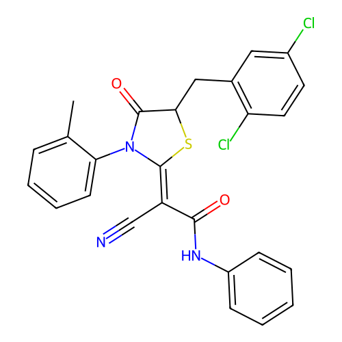 (2Z)-2-cyano-2-[5-(2,5-dichlorobenzyl)-3-(2-methylphenyl)-4-oxo-1,3-thiazolidin-2-ylidene]-N-phenylethanamide structure