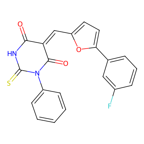 (5Z)-5-[[5-(3-fluorophenyl)furan-2-yl]methylidene]-1-phenyl-2-sulfanylidene-1,3-diazinane-4,6-dione structure