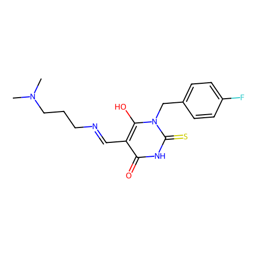 (E)-5-(((3-(dimethylamino)propyl)amino)methylene)-1-(4-fluorobenzyl)-2-thioxodihydropyrimidine-4,6(1H,5H)-dione structure