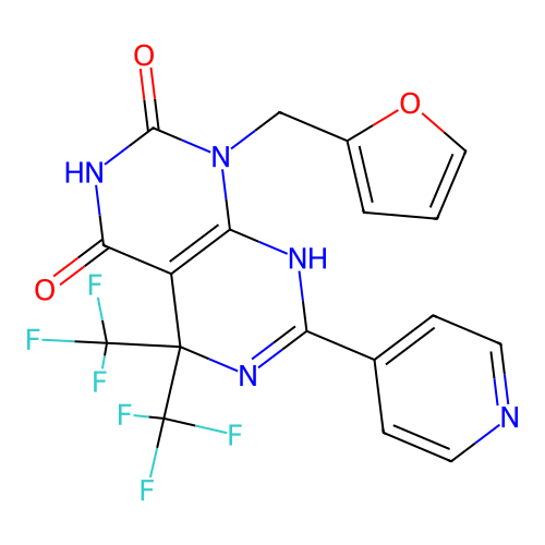 1-(furan-2-ylmethyl)-4-hydroxy-7-(pyridin-4-yl)-5,5-bis(trifluoromethyl)-5,8-dihydropyrimido[4,5-d]pyrimidin-2(1H)-one structure