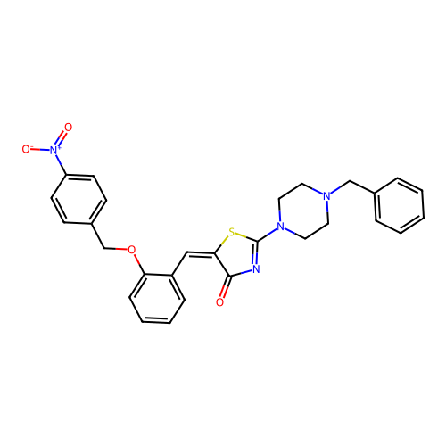 (E)-2-(4-benzylpiperazin-1-yl)-5-(2-((4-nitrobenzyl)oxy)benzylidene)thiazol-4(5H)-one structure