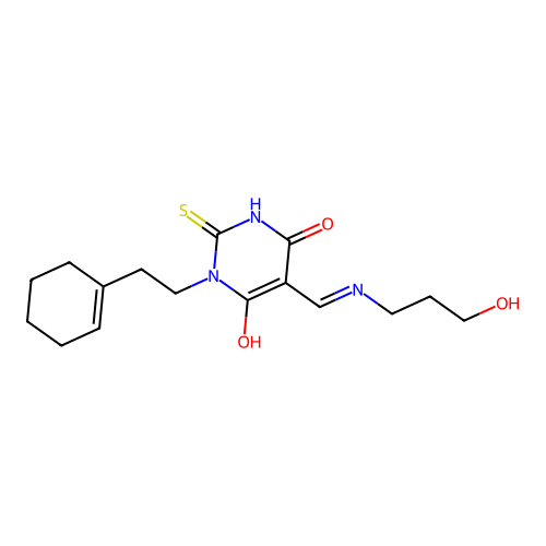 (E)-1-(2-(cyclohex-1-en-1-yl)ethyl)-5-(((3-hydroxypropyl)amino)methylene)-2-thioxodihydropyrimidine-4,6(1H,5H)-dione structure