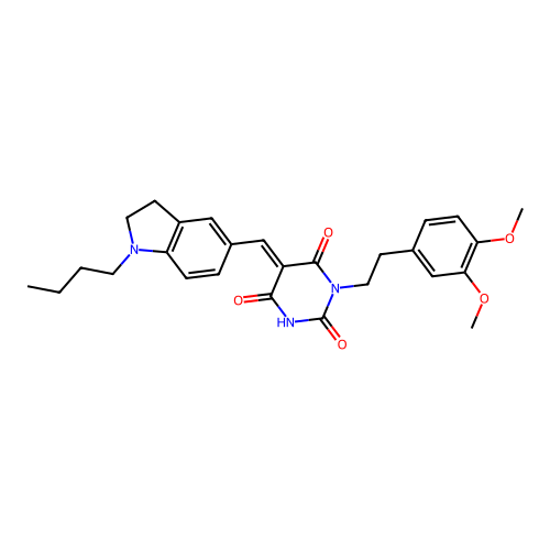 (5E)-5-[(1-butyl-2,3-dihydro-1H-indol-5-yl)methylidene]-3-[2-(3,4-dimethoxyphenyl)ethyl]-6-hydroxypyrimidine-2,4(3H,5H)-dione structure