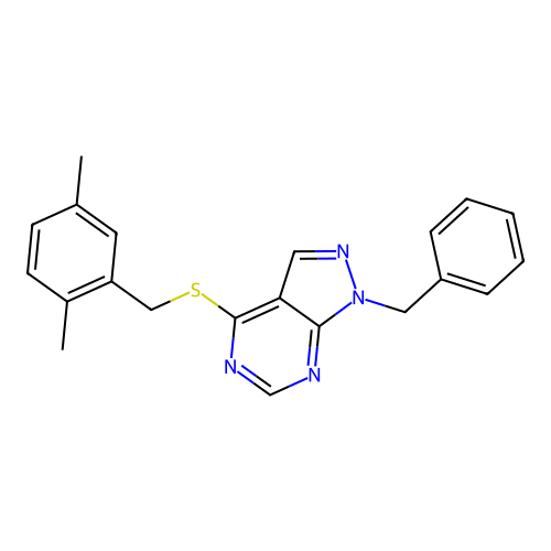1-benzyl-4-[(2,5-dimethylbenzyl)sulfanyl]-1H-pyrazolo[3,4-d]pyrimidine structure