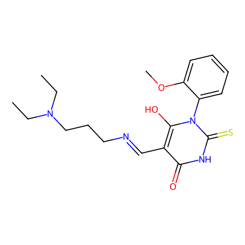 (5E)-5-({[3-(diethylamino)propyl]amino}methylidene)-1-(2-methoxyphenyl)-2-sulfanylpyrimidine-4,6(1H,5H)-dione structure