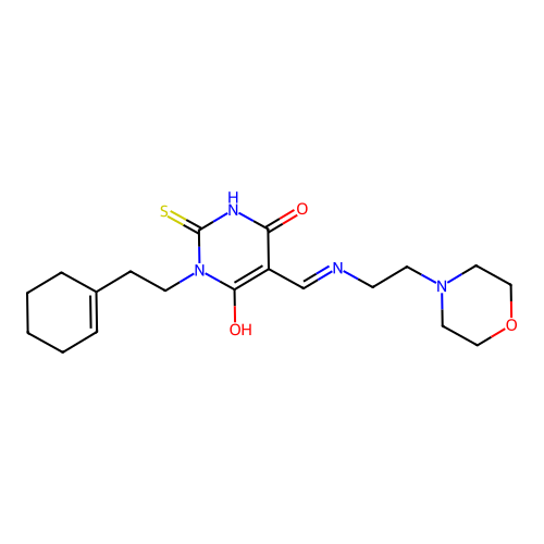 (5E)-1-[2-(cyclohexen-1-yl)ethyl]-5-[(2-morpholin-4-ylethylamino)methylidene]-2-sulfanylidene-1,3-diazinane-4,6-dione structure