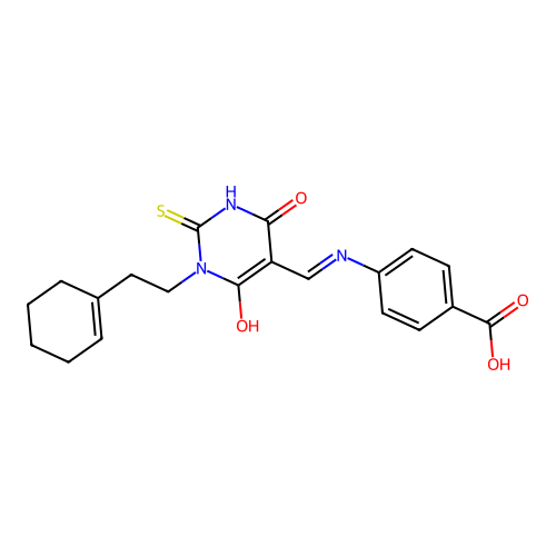 (E)-4-(((1-(2-(cyclohex-1-en-1-yl)ethyl)-4,6-dioxo-2-thioxotetrahydropyrimidin-5(2H)-ylidene)methyl)amino)benzoic acid structure