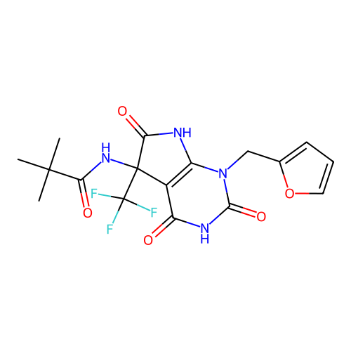 N-(1-(furan-2-ylmethyl)-2,4,6-trioxo-5-(trifluoromethyl)-2,3,4,5,6,7-hexahydro-1H-pyrrolo[2,3-d]pyrimidin-5-yl)pivalamide structure