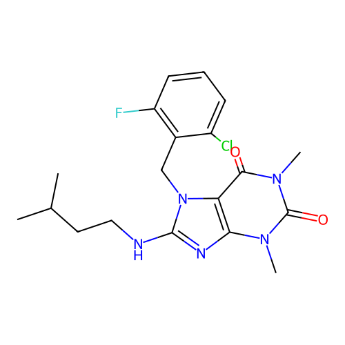 7-(2-chloro-6-fluorobenzyl)-8-(isopentylamino)-1,3-dimethyl-1H-purine-2,6(3H,7H)-dione structure