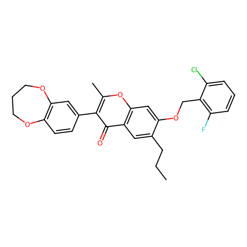 3-(2H,3H,4H-benzo[b]1,4-dioxepan-7-yl)-7-[(2-chloro-6-fluorophenyl)methoxy]-2- methyl-6-propylchromen-4-one structure
