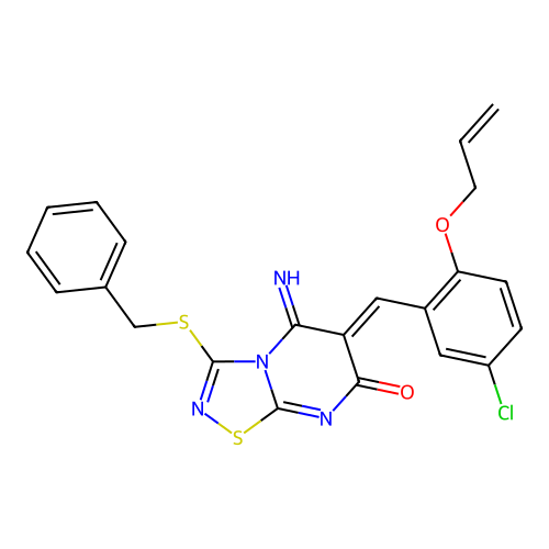 (6Z)-3-(benzylsulfanyl)-6-[5-chloro-2-(prop-2-en-1-yloxy)benzylidene]-5-imino-5,6-dihydro-7H-[1,2,4]thiadiazolo[4,5-a]pyrimidin-7-one structure