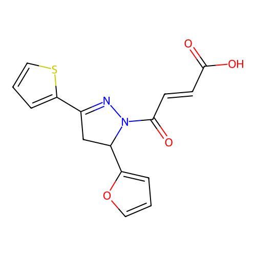 (2E)-4-(5-(2-furyl)-3-(2-thienyl)(2-pyrazolinyl))-4-oxobut-2-enoic acid structure