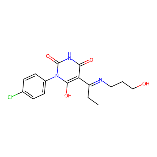 1-(4-chlorophenyl)-5-[1-(3-hydroxypropylamino)propylidene]-1,3-diazinane-2,4,6-trione structure