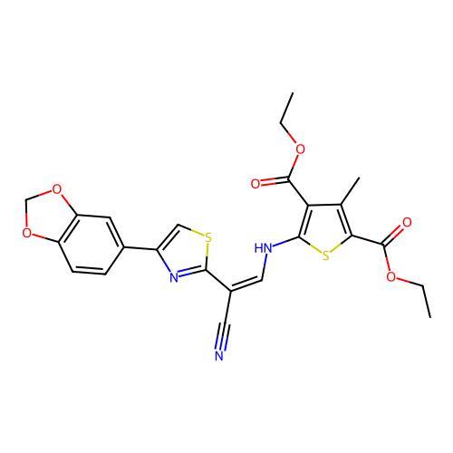 (Z)-diethyl 5-((2-(4-(benzo[d][1,3]dioxol-5-yl)thiazol-2-yl)-2-cyanovinyl)amino)-3-methylthiophene-2,4-dicarboxylate structure