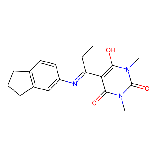 5-(1-((2,3-dihydro-1H-inden-5-yl)amino)propylidene)-1,3-dimethylpyrimidine-2,4,6(1H,3H,5H)-trione structure