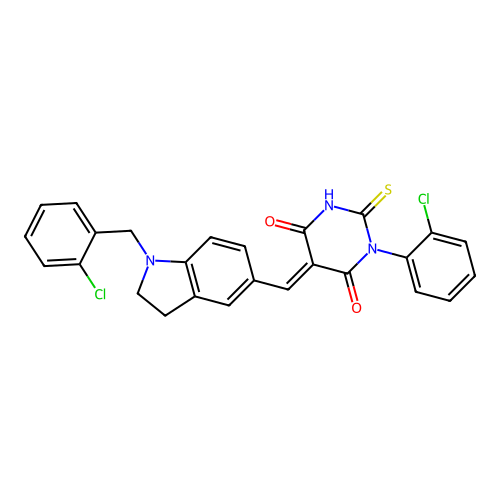 (5E)-1-(2-chlorophenyl)-5-[[1-[(2-chlorophenyl)methyl]-2,3-dihydroindol-5-yl]methylidene]-2-sulfanylidene-1,3-diazinane-4,6-dione structure