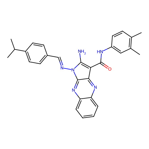 (E)-2-amino-N-(3,4-dimethylphenyl)-1-((4-isopropylbenzylidene)amino)-1H-pyrrolo[2,3-b]quinoxaline-3-carboxamide structure