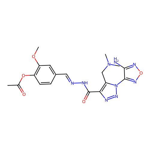 (E)-4-((2-(1-(4-amino-1,2,5-oxadiazol-3-yl)-5-((dimethylamino)methyl)-1H-1,2,3-triazole-4-carbonyl)hydrazono)methyl)-2-methoxyphenyl acetate structure