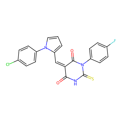 (5Z)-5-{[1-(4-chlorophenyl)-1H-pyrrol-2-yl]methylidene}-1-(4-fluorophenyl)-2-thioxodihydropyrimidine-4,6(1H,5H)-dione structure