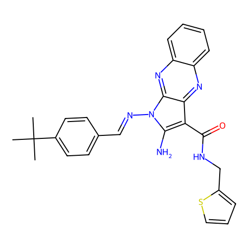 (E)-2-amino-1-((4-(tert-butyl)benzylidene)amino)-N-(thiophen-2-ylmethyl)-1H-pyrrolo[2,3-b]quinoxaline-3-carboxamide structure