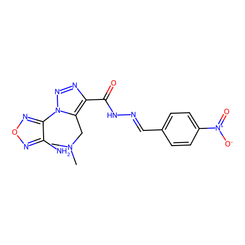 (E)-1-(4-amino-1,2,5-oxadiazol-3-yl)-5-((dimethylamino)methyl)-N'-(4-nitrobenzylidene)-1H-1,2,3-triazole-4-carbohydrazide structure