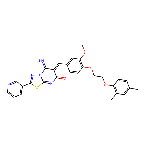 (6Z)-6-[[4-[2-(2,4-dimethylphenoxy)ethoxy]-3-methoxyphenyl]methylidene]-5-imino-2-pyridin-3-yl-[1,3,4]thiadiazolo[3,2-a]pyrimidin-7-one structure