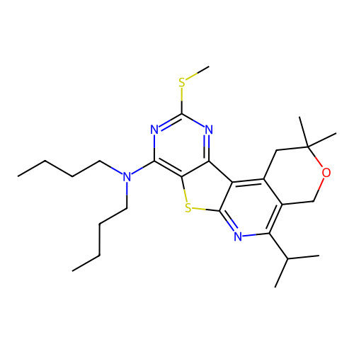 N,N-dibutyl-2,2-dimethyl-10-(methylsulfanyl)-5-(propan-2-yl)-1,4-dihydro-2H-pyrano[4'',3'':4',5']pyrido[3',2':4,5]thieno[3,2-d]pyrimidin-8-amine structure