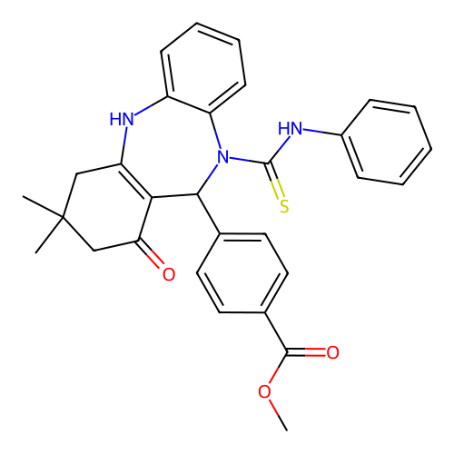 methyl 4-[3,3-dimethyl-1-oxo-10-(phenylcarbamothioyl)-2,3,4,5,10,11-hexahydro-1H-dibenzo[b,e][1,4]diazepin-11-yl]benzoate structure