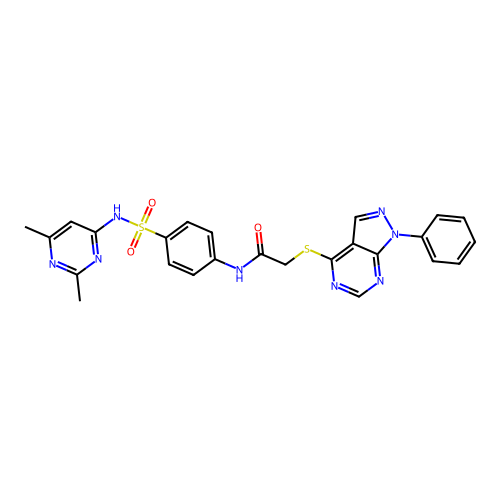 N-(4-(N-(2,6-dimethylpyrimidin-4-yl)sulfamoyl)phenyl)-2-((1-phenyl-1H-pyrazolo[3,4-d]pyrimidin-4-yl)thio)acetamide structure