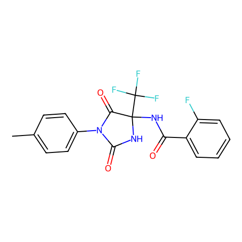 2-fluoro-N-[1-(4-methylphenyl)-2,5-dioxo-4-(trifluoromethyl)imidazolidin-4-yl]benzamide structure