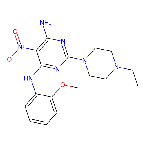 2-(4-ethylpiperazin-1-yl)-N4-(2-methoxyphenyl)-5-nitropyrimidine-4,6-diamine structure