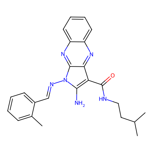 (E)-2-amino-N-isopentyl-1-((2-methylbenzylidene)amino)-1H-pyrrolo[2,3-b]quinoxaline-3-carboxamide structure