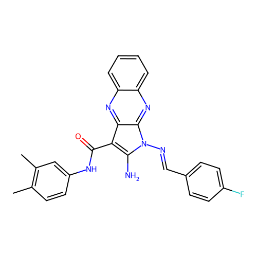 (E)-2-amino-N-(3,4-dimethylphenyl)-1-((4-fluorobenzylidene)amino)-1H-pyrrolo[2,3-b]quinoxaline-3-carboxamide structure